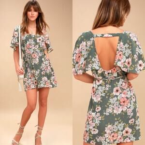 Billabong NEW Sage Green Floral Flutter Sleeve Open Back Mini Dress S